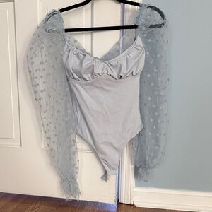 Free People Sheer blue Polka Dot long Sleeve Bodysuit size XS